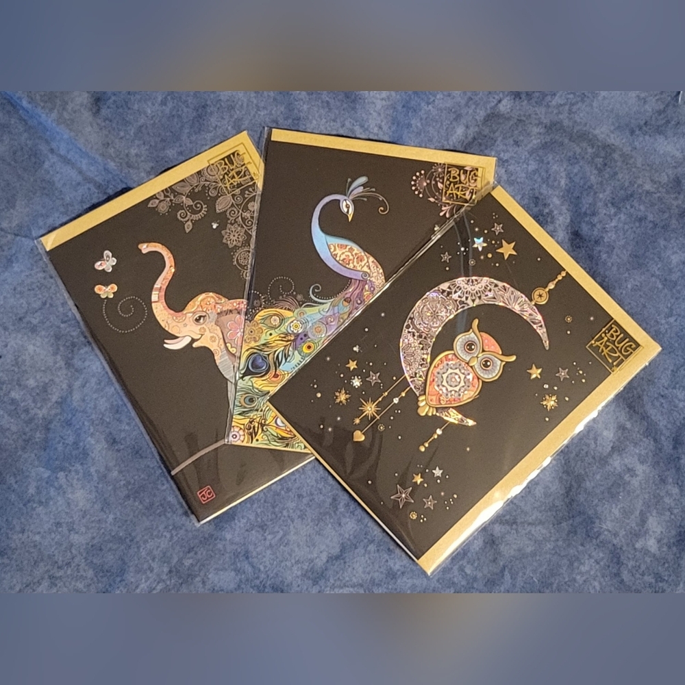 Bug Art Greeting Cards Set - Elephant, Peacock, Owl